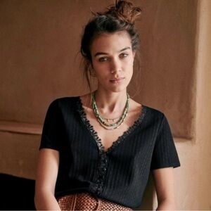 Sezane Black V-Neck Top